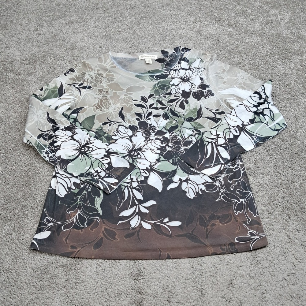 Coldwater Creek Womens M Floral Print Long Sleeve Mesh Jersey Top Brown Green